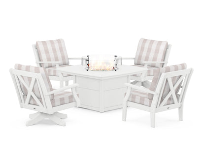 POLYWOOD® Braxton 5-Piece Deep Seating Set with Fire Table in White / Buffalo Plaid Dune Burlap