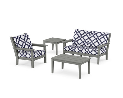 POLYWOOD® Chippendale 4-Piece Deep Seating Set in Slate Grey / Trellis Navy