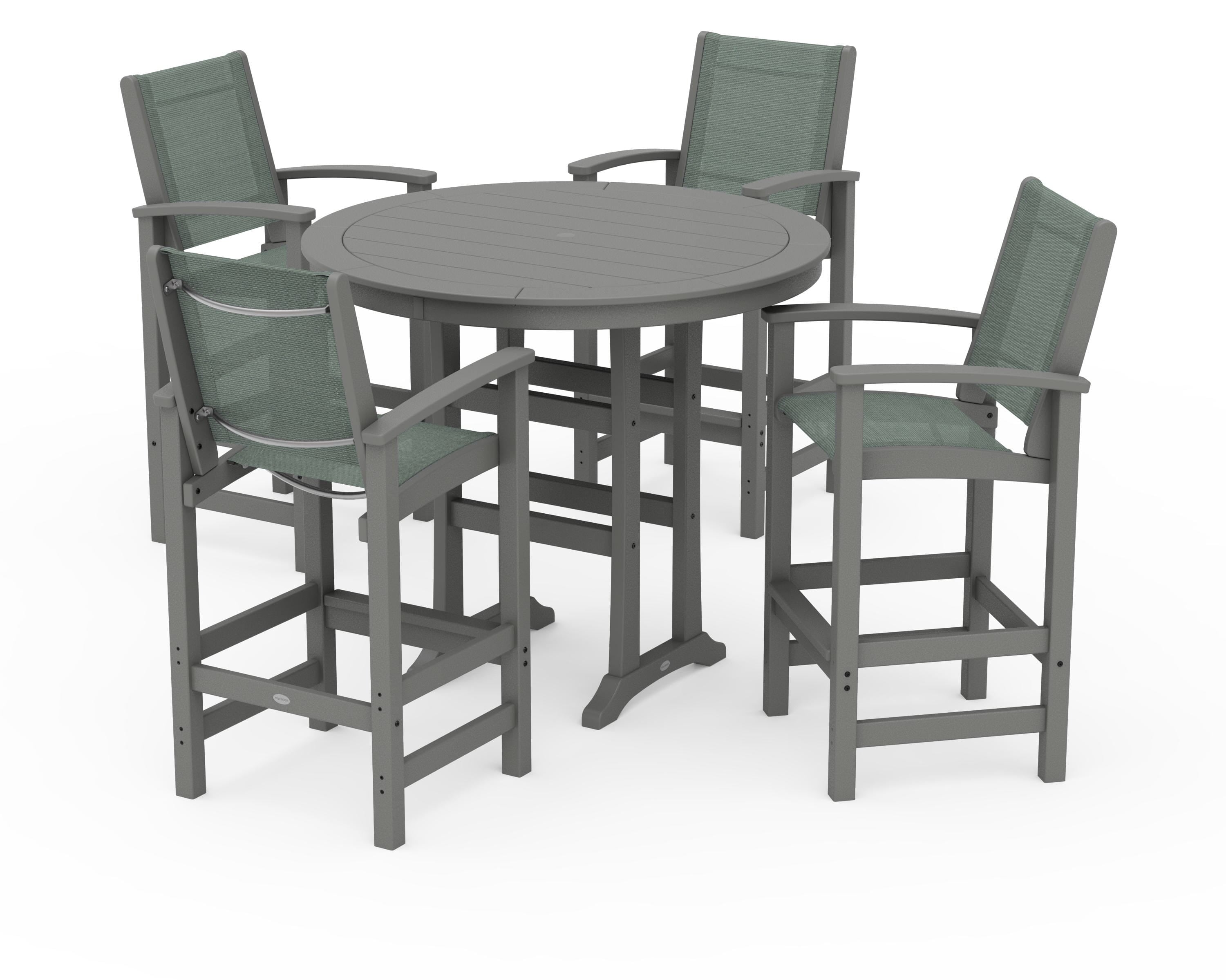 POLYWOOD® Coastal 5-Piece Nautical Trestle Bar Set in Slate Grey / Dupioni Sea Mist Sling