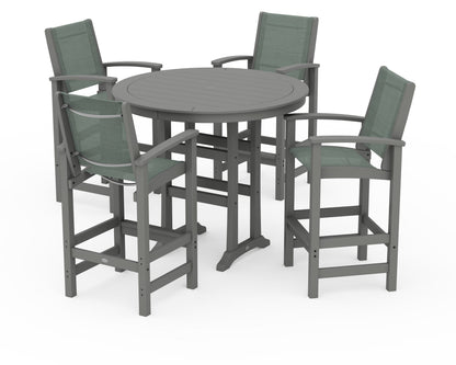 POLYWOOD® Coastal 5-Piece Nautical Trestle Bar Set in Slate Grey / Dupioni Sea Mist Sling