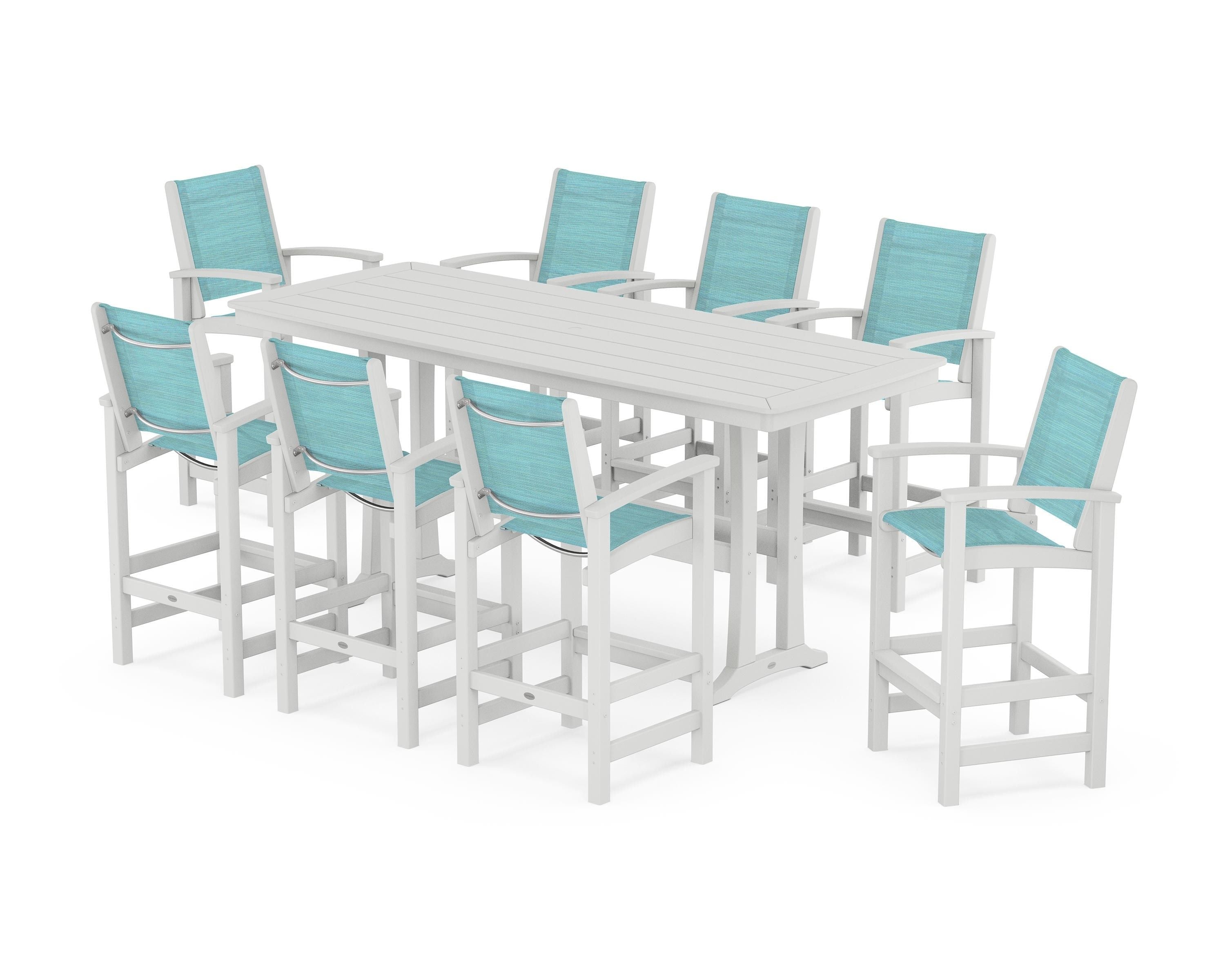 POLYWOOD® Coastal 9-Piece Bar Set with Trestle Legs in White / Dupioni Aquamarine Sling