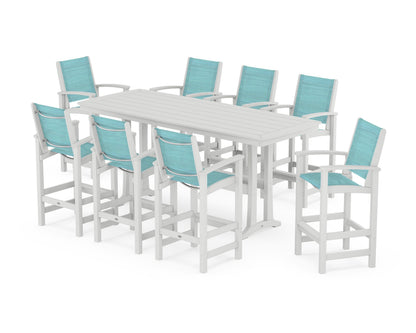 POLYWOOD® Coastal 9-Piece Bar Set with Trestle Legs in White / Dupioni Aquamarine Sling