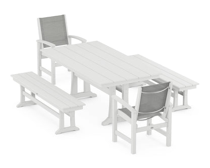 POLYWOOD® Coastal 5-Piece Farmhouse Dining Set with Trestle Legs and Benches in White / Metallic Sling