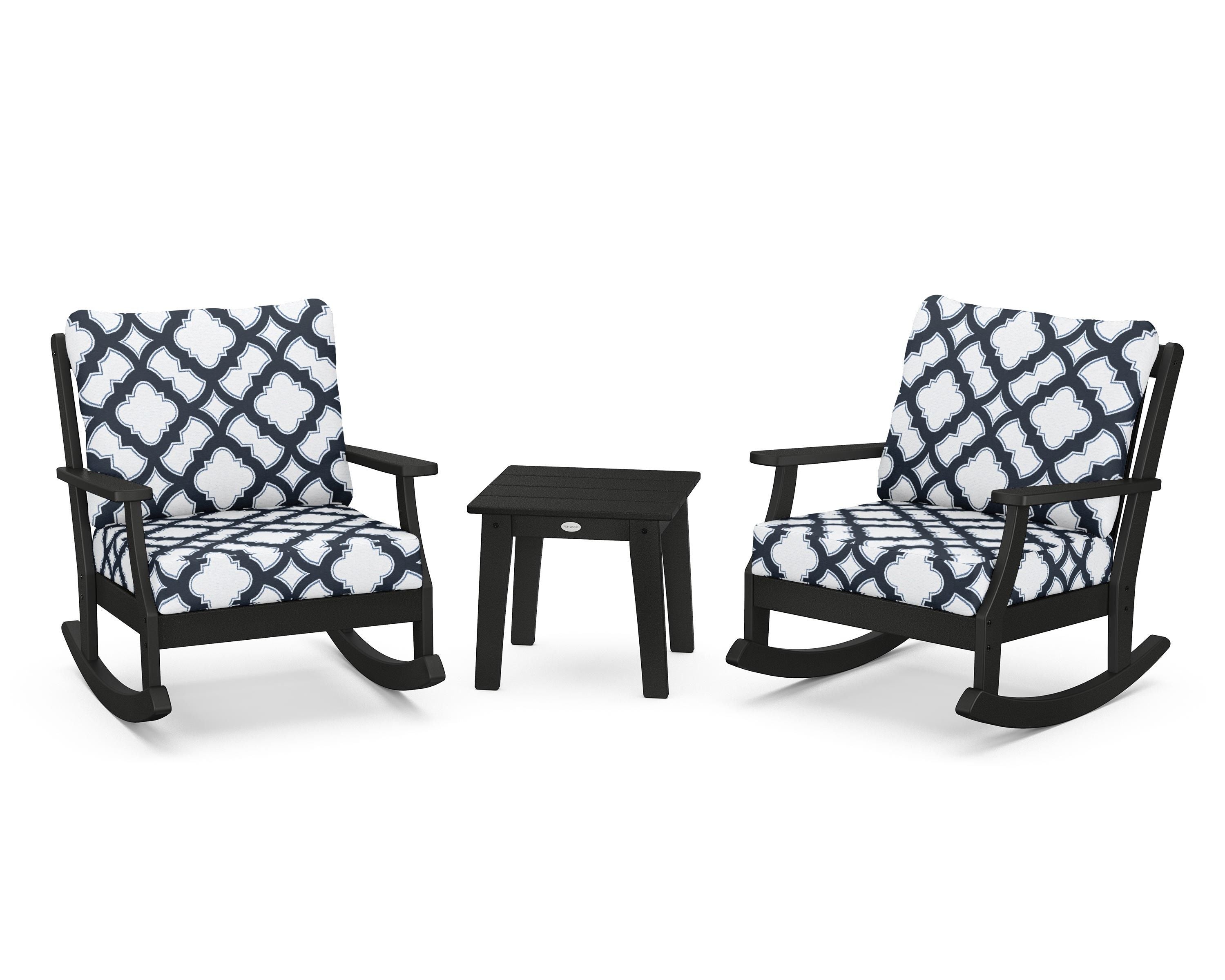 POLYWOOD® Braxton 3-Piece Deep Seating Rocker Set in Black / Trellis Marine Indigo