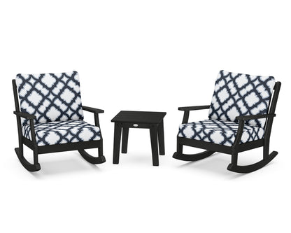 POLYWOOD® Braxton 3-Piece Deep Seating Rocker Set in Black / Trellis Marine Indigo