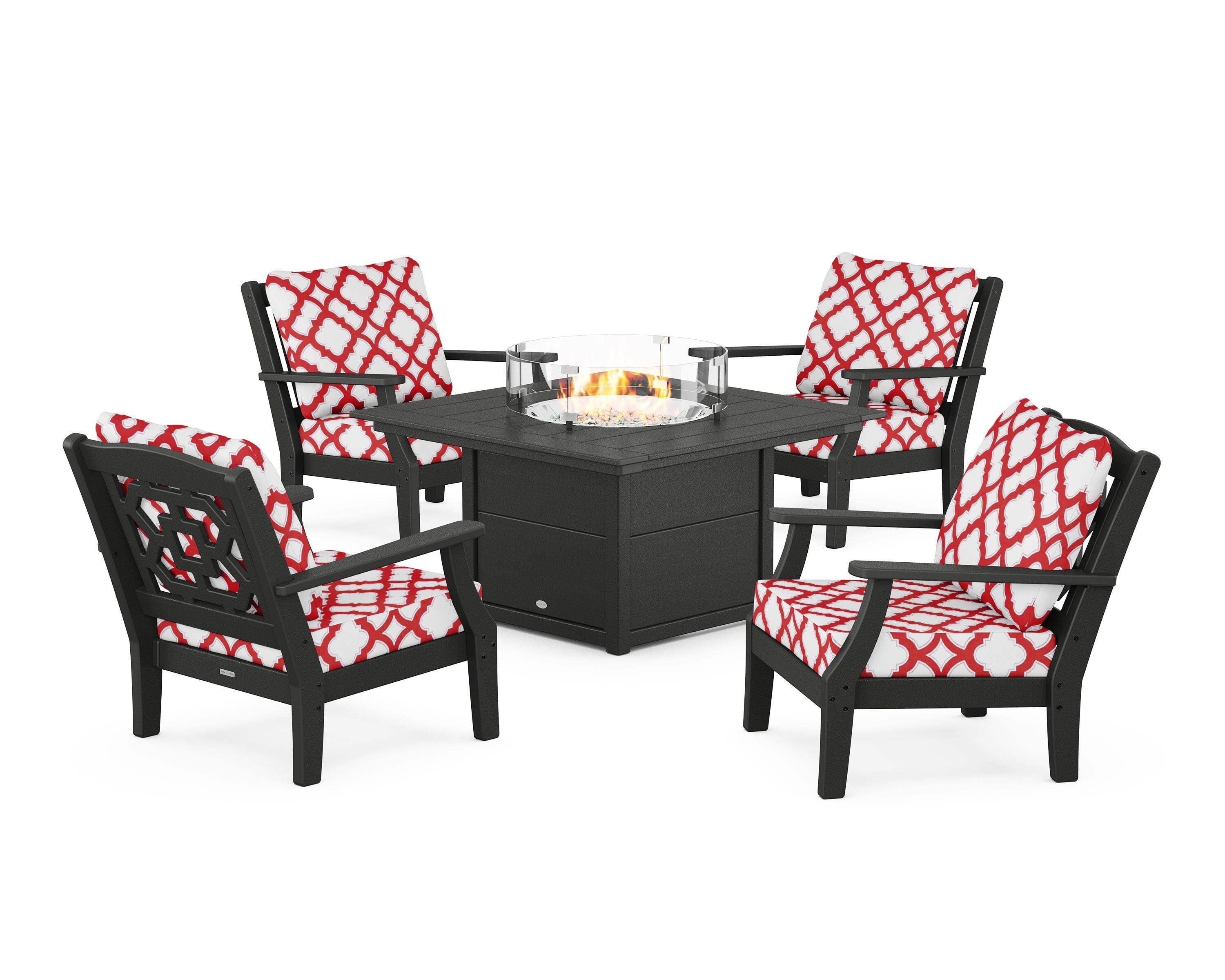 Martha Stewart by POLYWOOD® Chinoiserie 5-Piece Deep Seating Set with Fire Pit Table in Black / Trellis Crimson