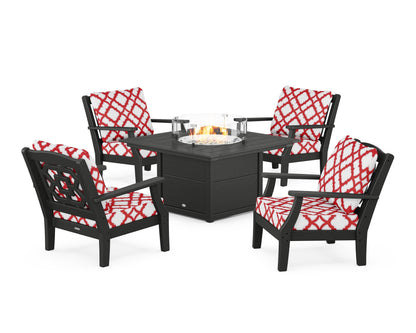 Martha Stewart by POLYWOOD® Chinoiserie 5-Piece Deep Seating Set with Fire Pit Table in Black / Trellis Crimson