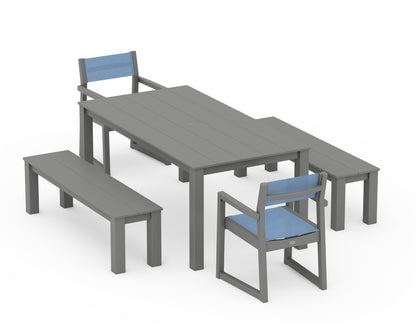 POLYWOOD® EDGE Sling Arm Chair 5-Piece Parsons Dining Set with Benches in Slate Grey / Poolside Sling