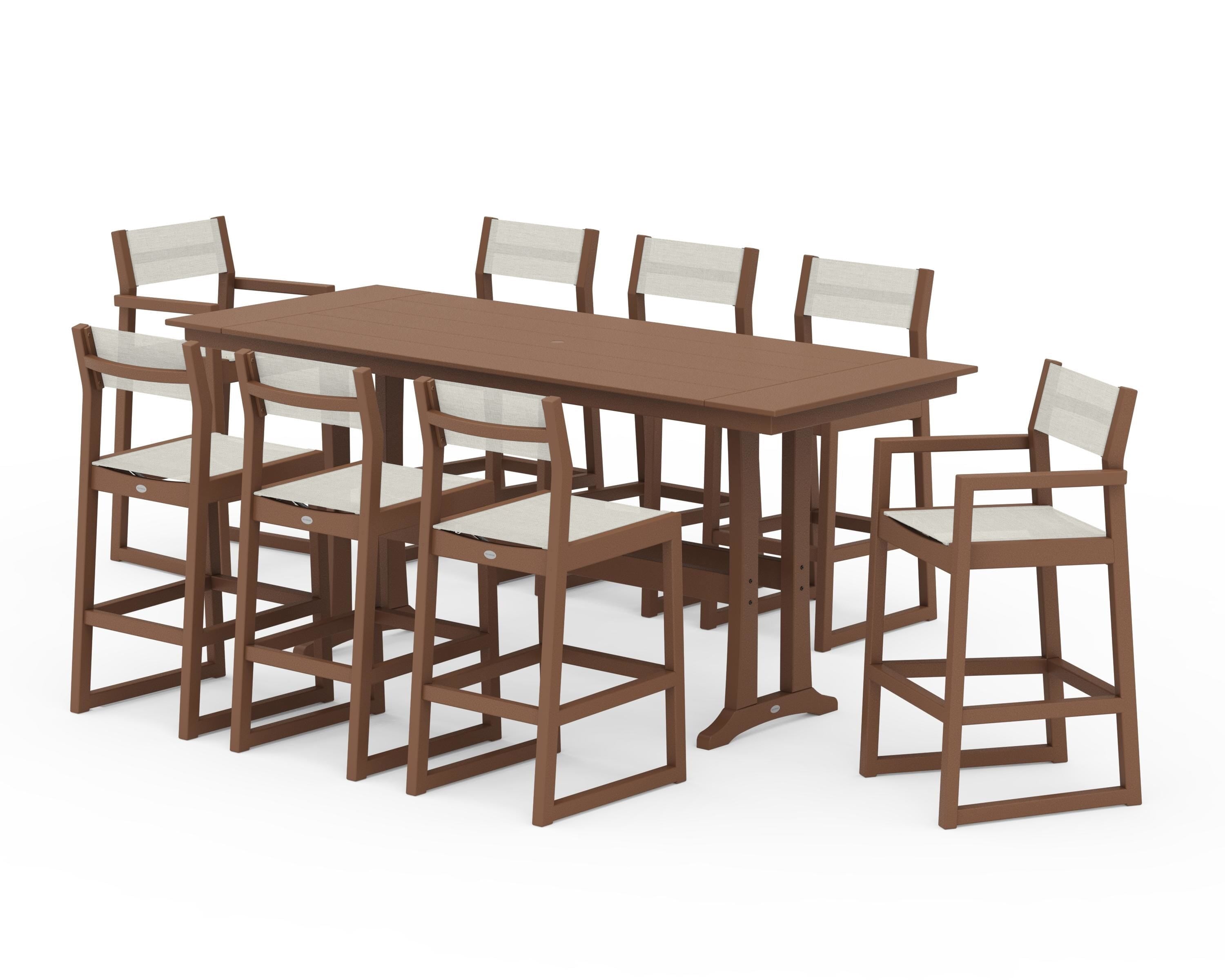 POLYWOOD® EDGE Sling 9-Piece Farmhouse Bar Set with Trestle Legs in Teak / Parchment Sling