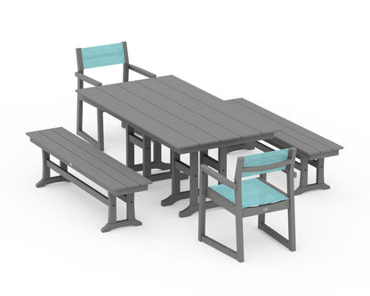 POLYWOOD® EDGE Sling Arm Chair 5-Piece Farmhouse Dining Set with Benches in Slate Grey / Dupioni Aquamarine Sling