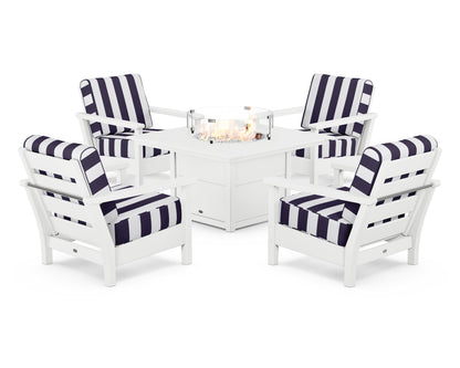 POLYWOOD® Harbour 5-Piece Conversation Set with Fire Pit Table in White / Cabana Stripe Navy