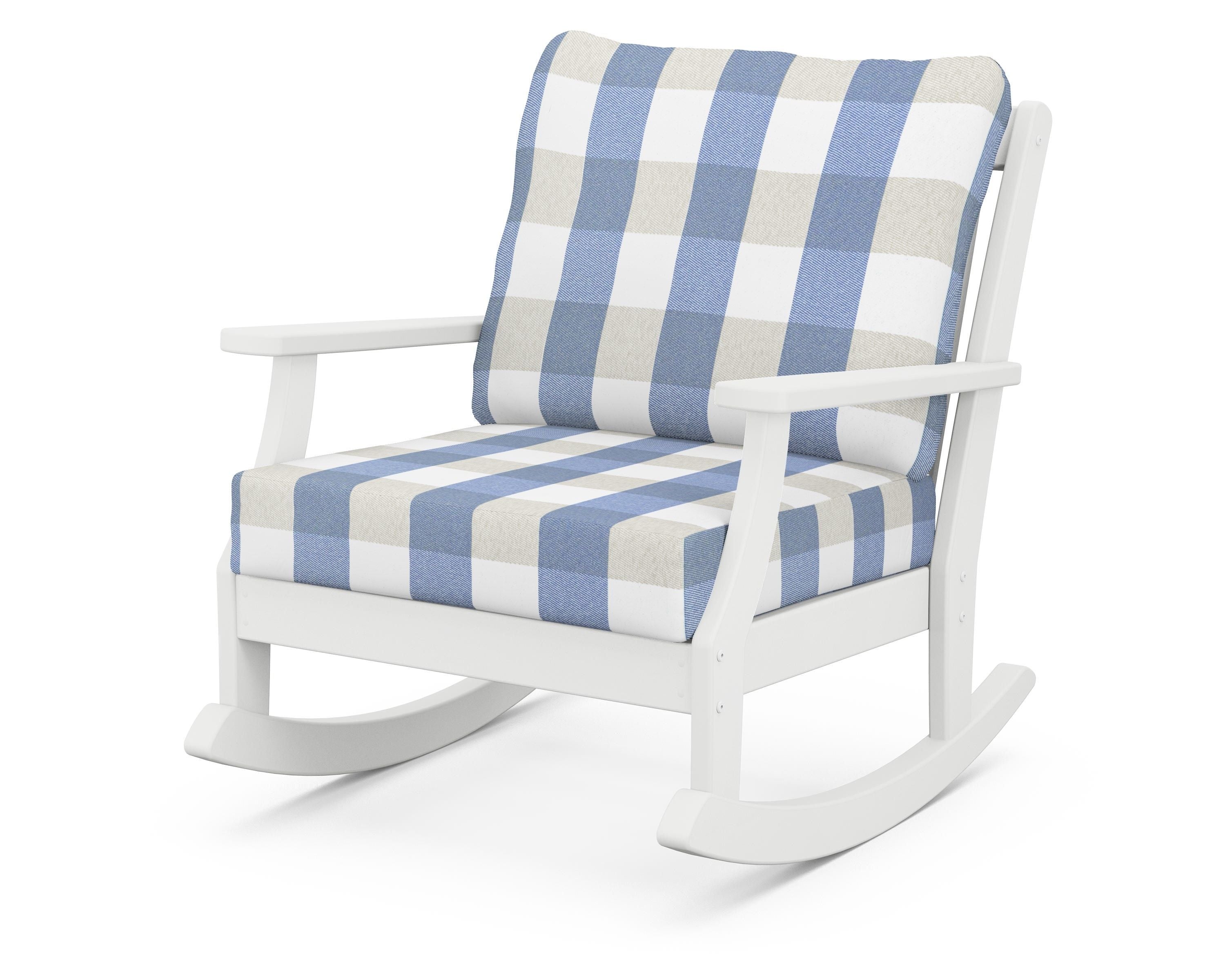 POLYWOOD® Braxton Deep Seating Rocking Chair in White / Buffalo Plaid Sky Blue