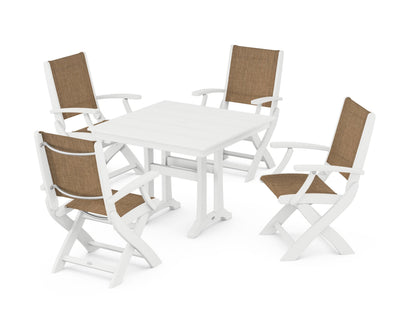 POLYWOOD® Coastal Folding Chair 5-Piece Farmhouse Dining Set With Trestle Legs in White / Burlap Sling
