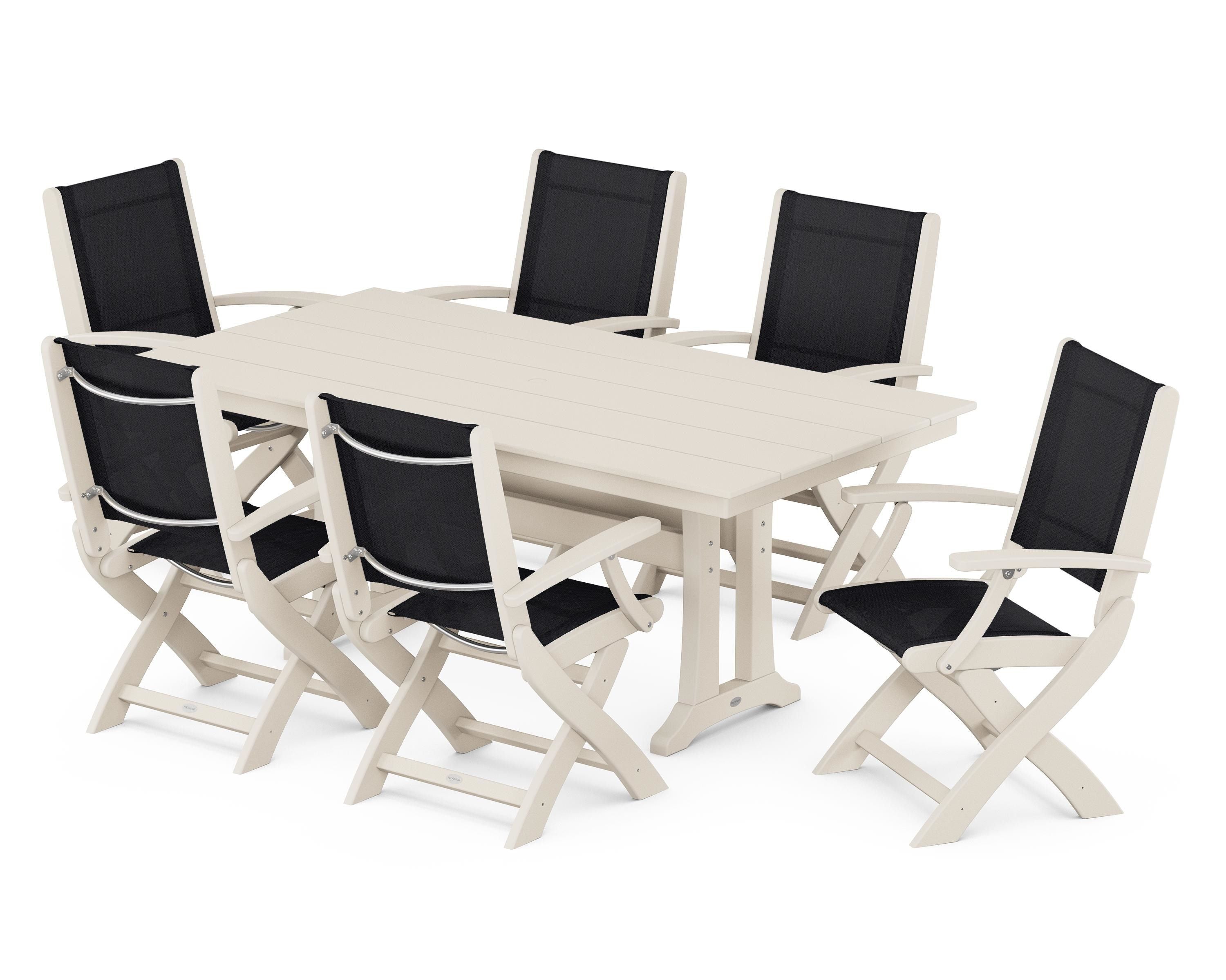 POLYWOOD® Coastal Folding Arm Chair 7-Piece Farmhouse Dining Set with Trestle Legs in Sand / Black Sling