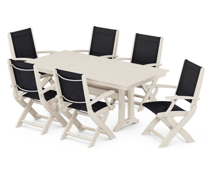 POLYWOOD® Coastal Folding Arm Chair 7-Piece Farmhouse Dining Set with Trestle Legs in Sand / Black Sling