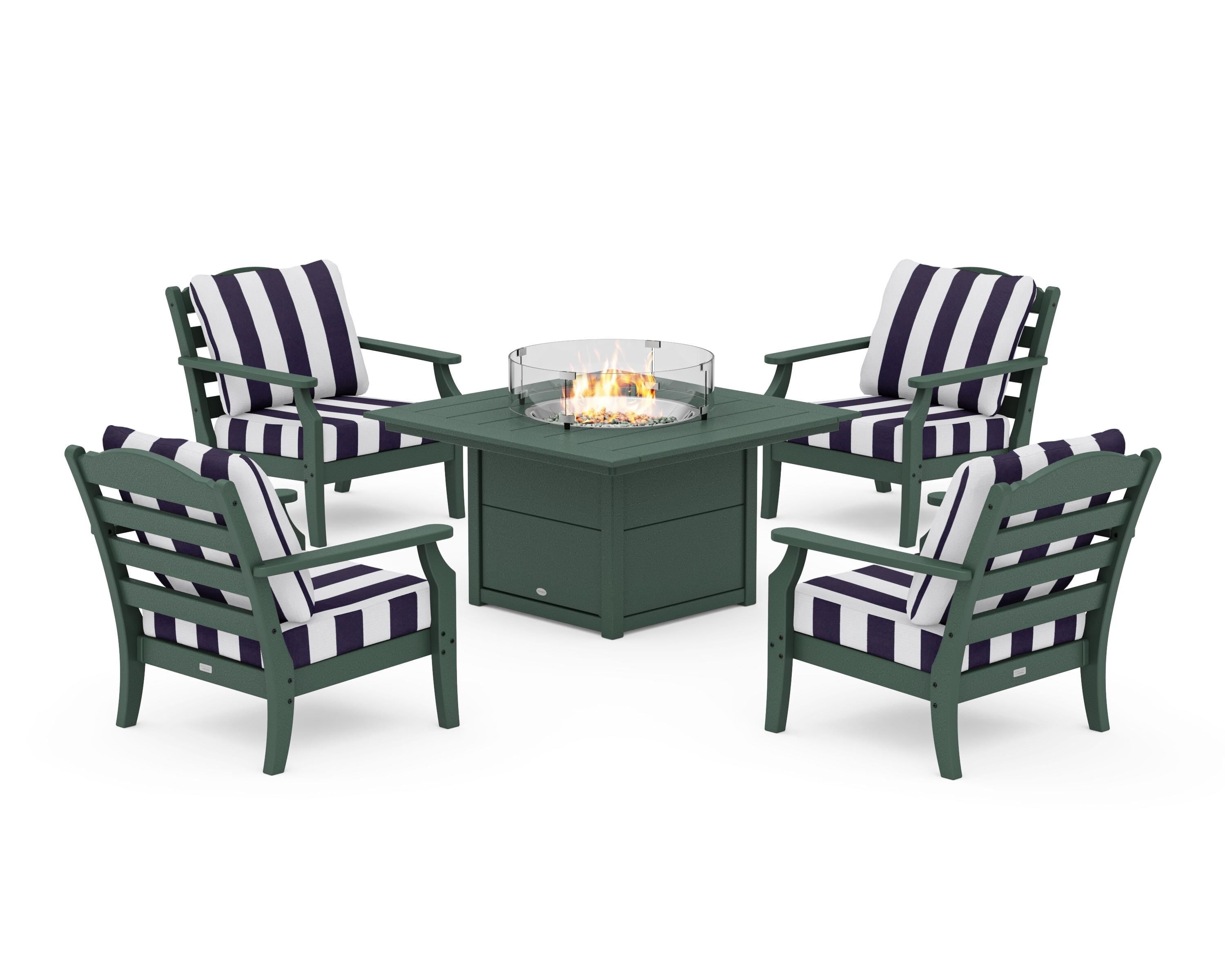 Draper James™ by  POLYWOOD® Savannah 5-Piece Deep Seating Set with Fire Pit Table in Green / Cabana Stripe Navy