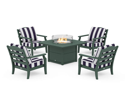 Draper James™ by  POLYWOOD® Savannah 5-Piece Deep Seating Set with Fire Pit Table in Green / Cabana Stripe Navy