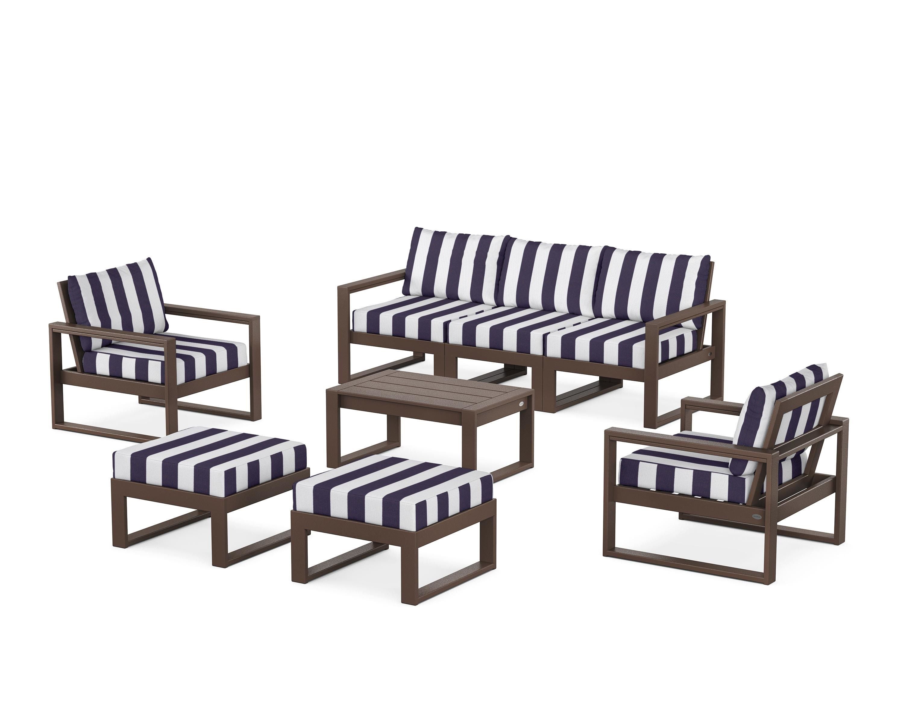 POLYWOOD® EDGE Sectional 8-Piece Lounge Sofa Set in Mahogany / Cabana Stripe Navy