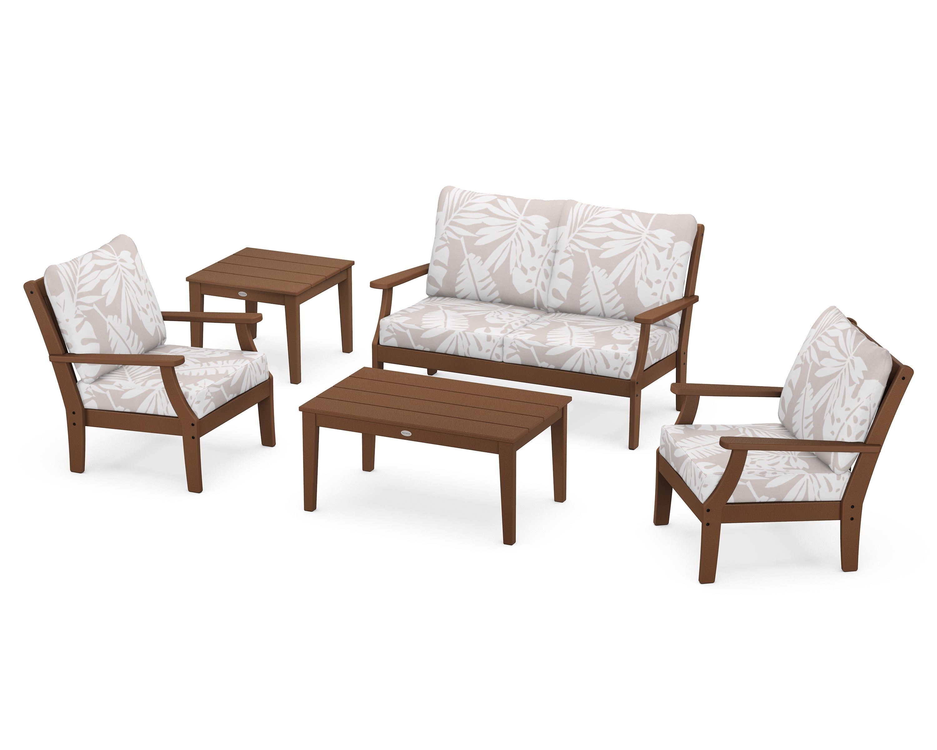 POLYWOOD® Braxton 5-Piece Deep Seating Set in Teak / Leaf Dune Burlap