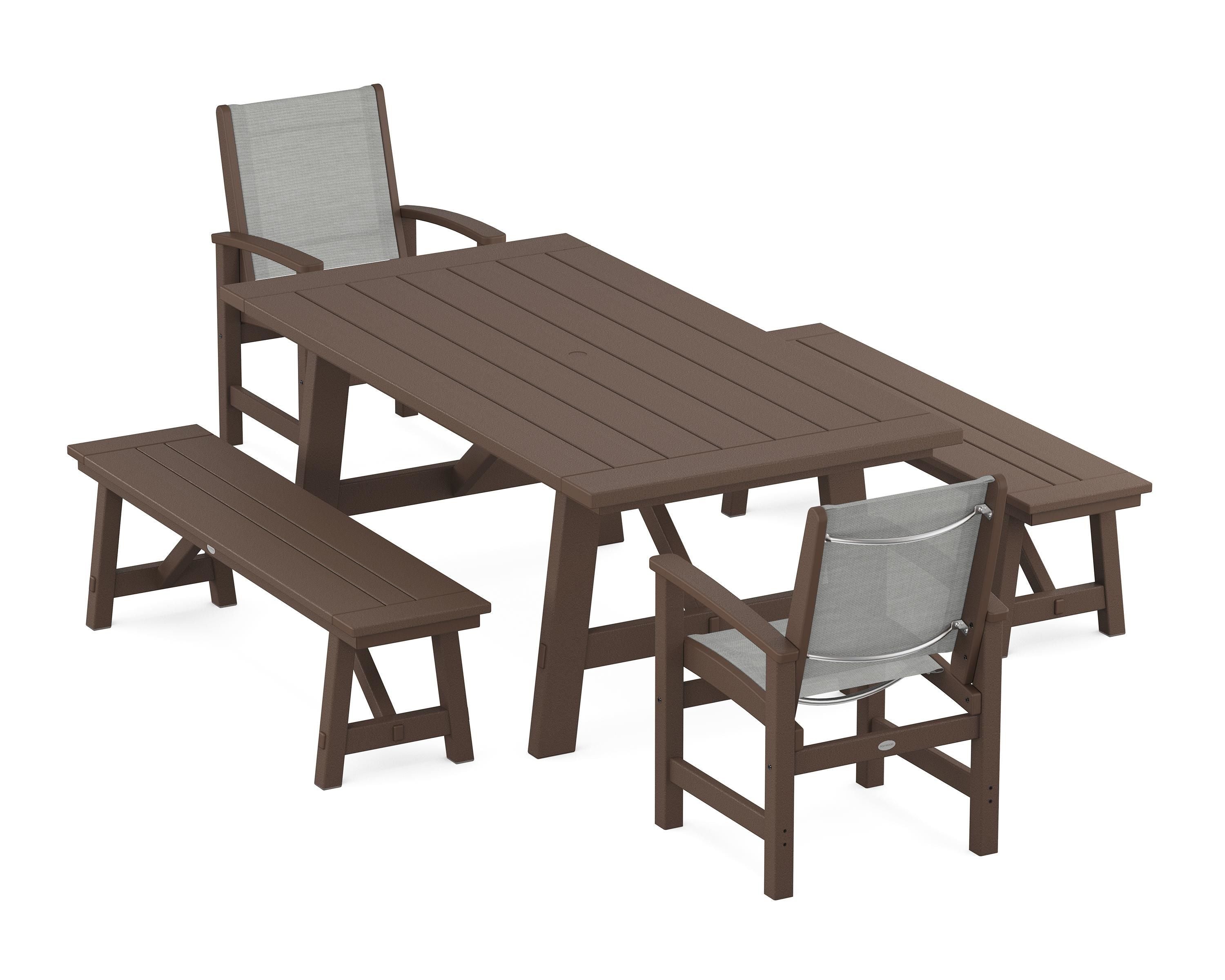 POLYWOOD® Coastal 5-Piece Rustic Farmhouse Dining Set With Benches in Mahogany / Metallic Sling