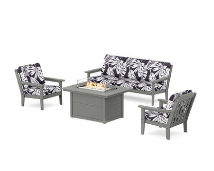 Country Living Cottage Deep Seating Fire Pit Table Set in Slate Grey / Leaf Navy