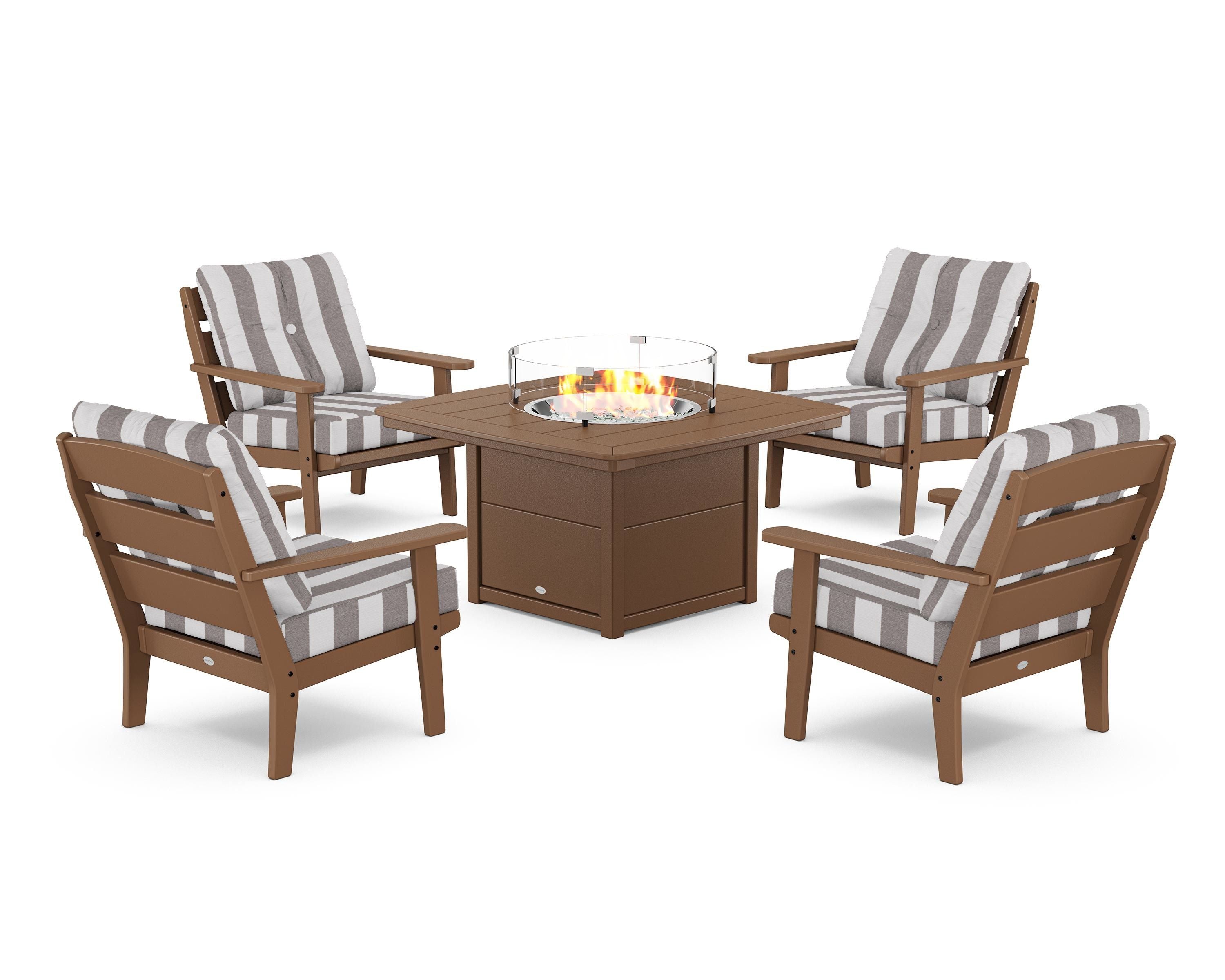 POLYWOOD® Lakeside 5-Piece Deep Seating Set with Nautical Fire Pit Table in Teak / Cabana Stripe Grey Mist