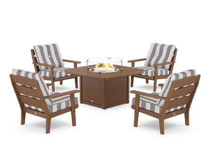 POLYWOOD® Lakeside 5-Piece Deep Seating Set with Nautical Fire Pit Table in Teak / Cabana Stripe Grey Mist