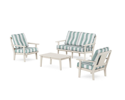 POLYWOOD® Prairie 4-Piece Deep Seating Set with Loveseat in Sand / Cabana Stripe Glacier Spa