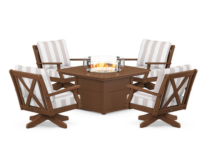 POLYWOOD® Braxton 5-Piece Deep Seating Swivel Conversation Set with Fire Pit Table in Teak / Cabana Stripe Dune Burlap