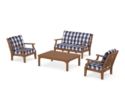 Martha Stewart by POLYWOOD® Chinoiserie 4-Piece Deep Seating Set with Loveseat in Teak / Buffalo Plaid Navy