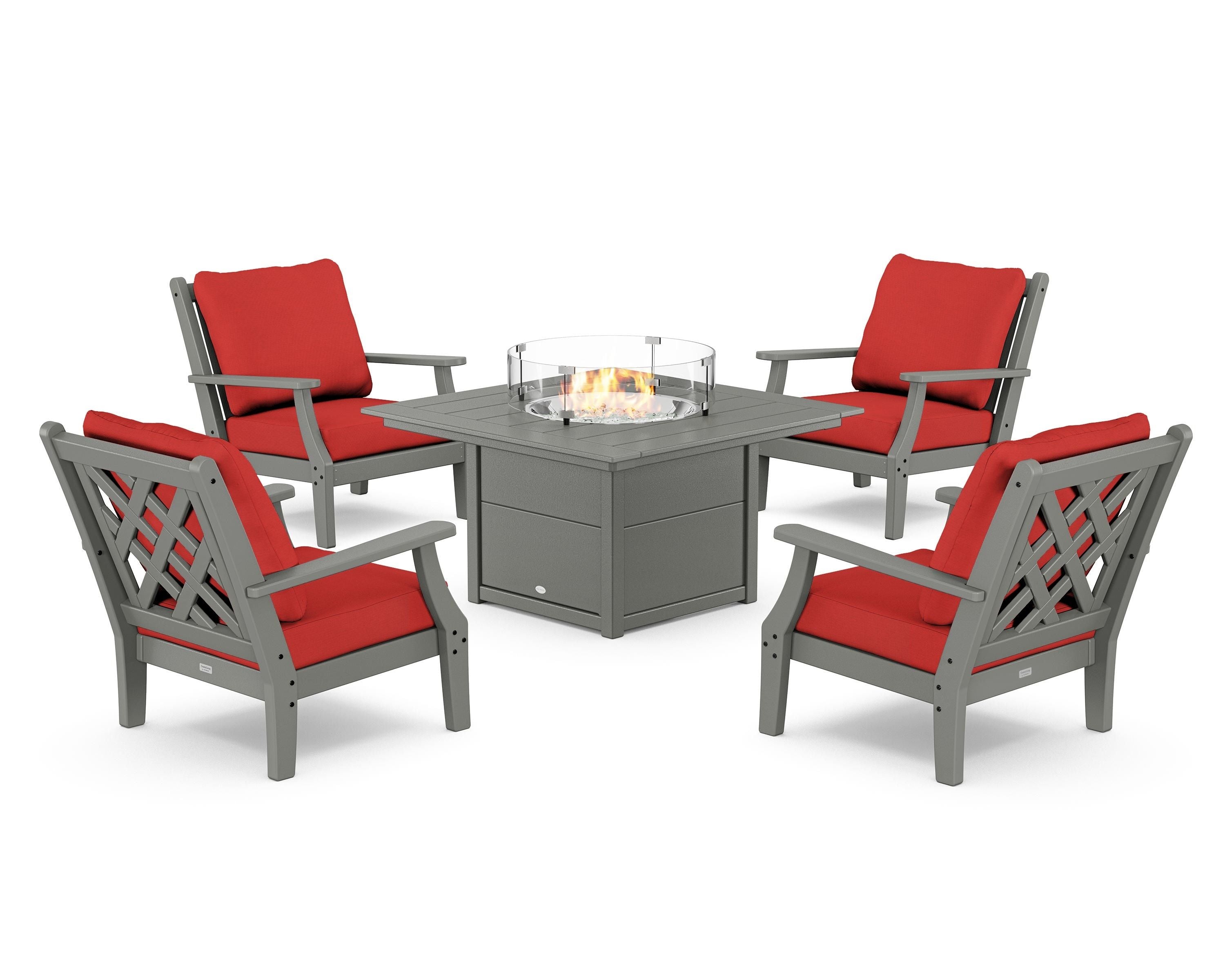 Country Living Wovendale 5-Piece Deep Seating Set with Fire Pit Table in Slate Grey / Crimson Linen