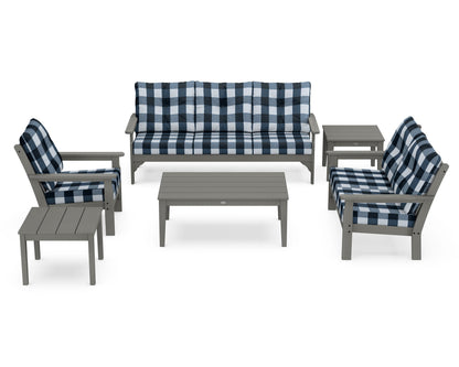 POLYWOOD® Vineyard 6-Piece Deep Seating Set in Slate Grey / Buffalo Plaid Marine Indigo