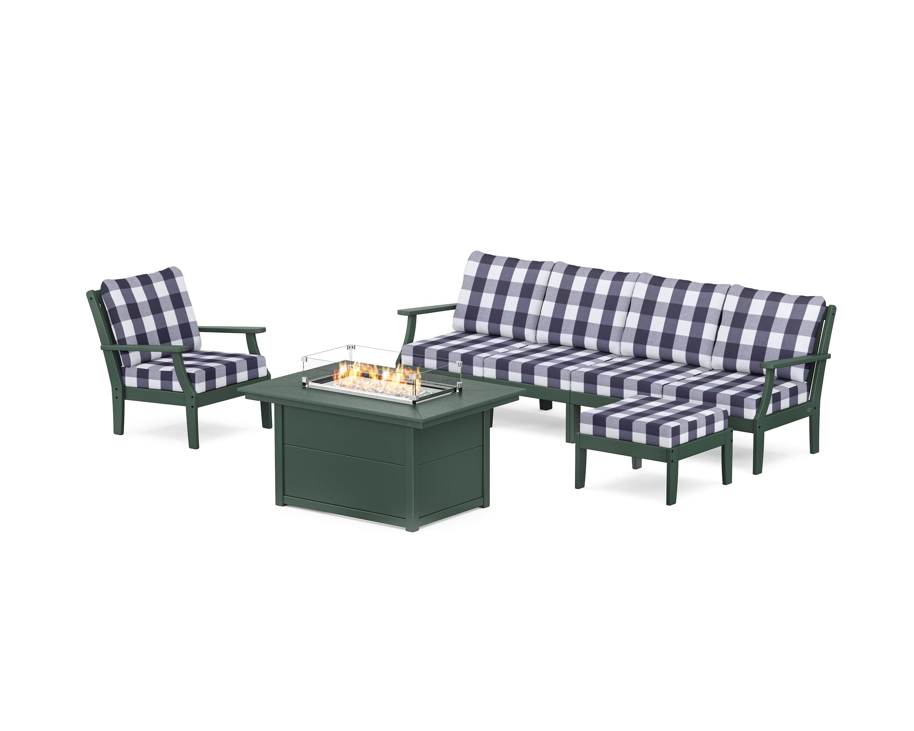 POLYWOOD® Braxton Sectional Lounge and Fire Pit Set in Green / Buffalo Plaid Navy