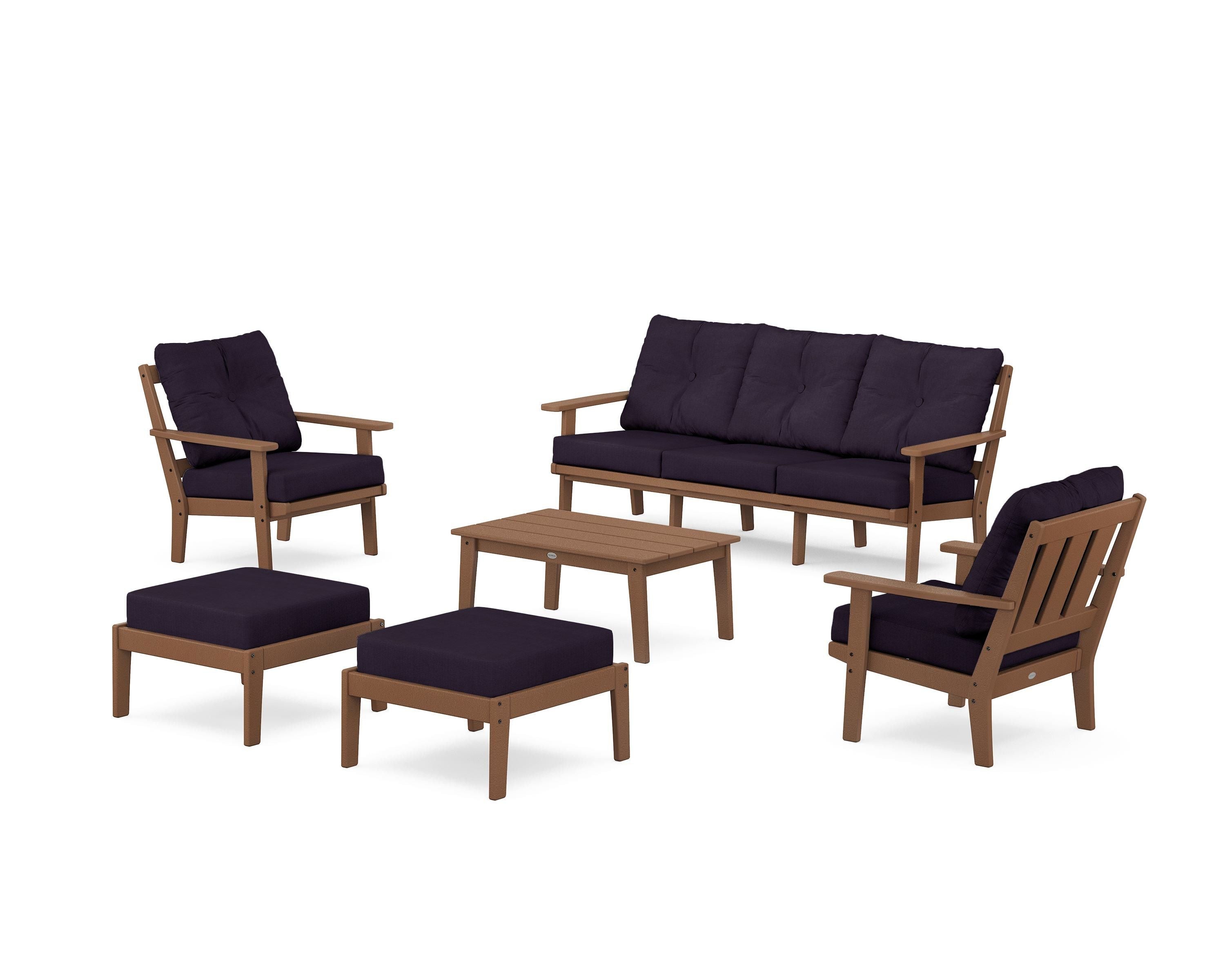 POLYWOOD® Oxford 6-Piece Lounge Sofa Set in Teak / Navy Linen