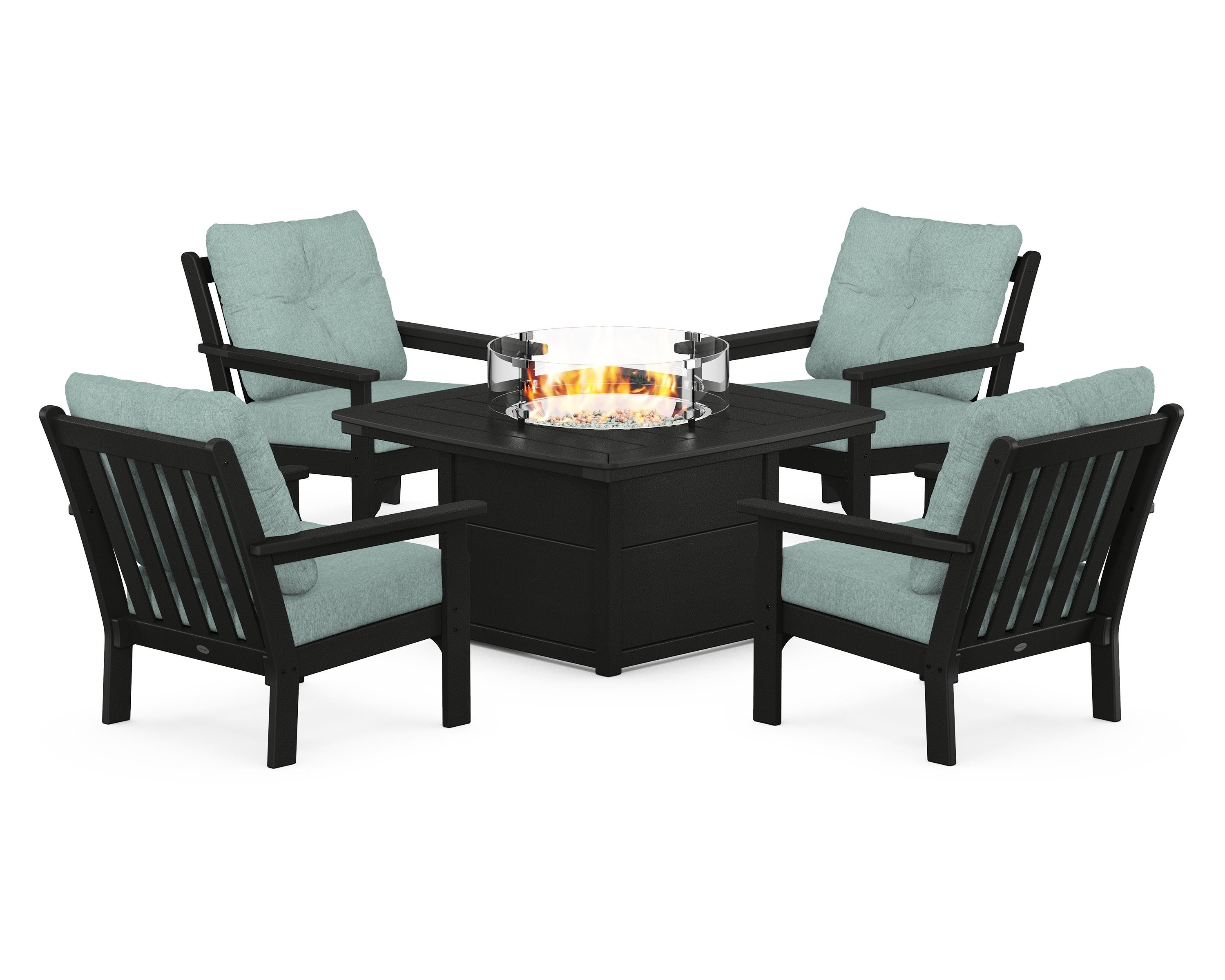 POLYWOOD® Vineyard 5-Piece Conversation Set with Fire Pit Table in Black / Glacier Spa