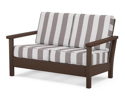 POLYWOOD® Harbour Deep Seating Loveseat in Mahogany / Cabana Stripe Grey Mist