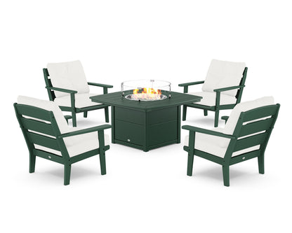 POLYWOOD® Lakeside 5-Piece Deep Seating Set with Nautical Fire Pit Table in Green / Natural Linen