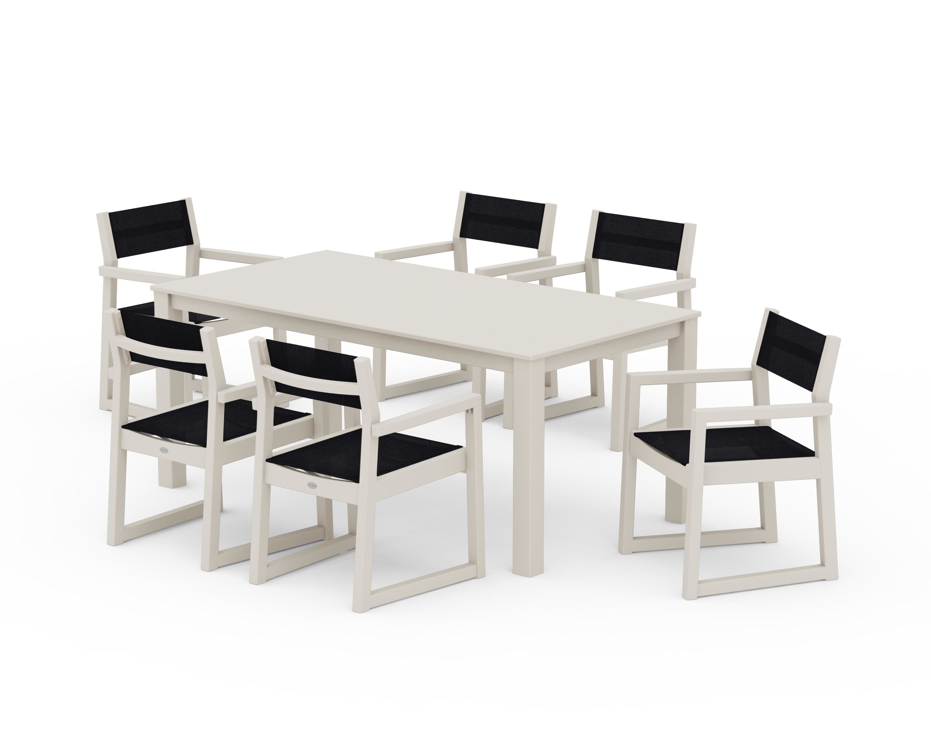 POLYWOOD® EDGE Sling Arm Chair 7-Piece Parsons Dining Set in Sand / Black Sling