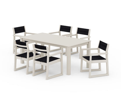 POLYWOOD® EDGE Sling Arm Chair 7-Piece Parsons Dining Set in Sand / Black Sling