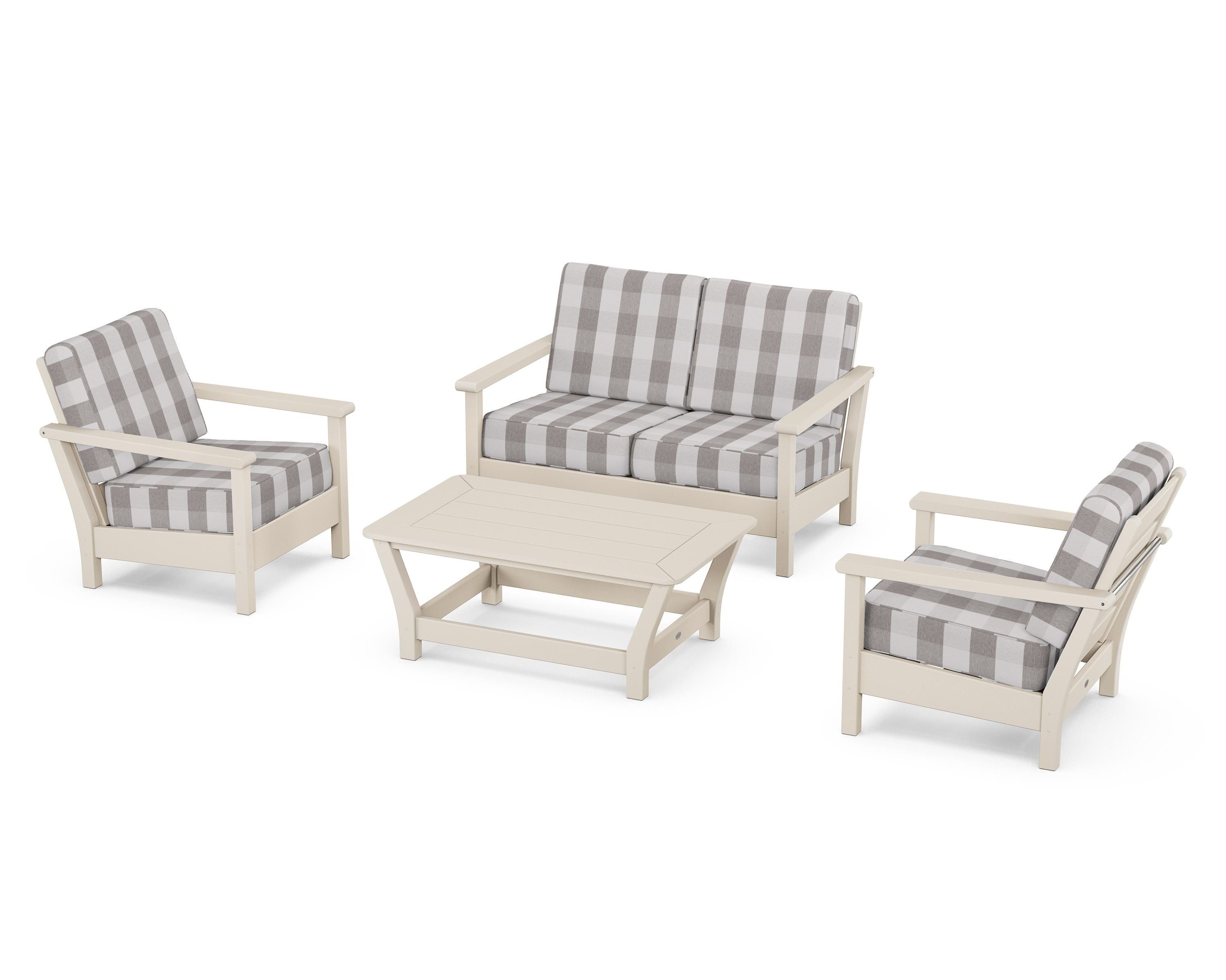 POLYWOOD® Harbour 4-Piece Deep Seating Set in Sand / Buffalo Plaid Grey Mist