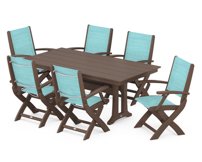 POLYWOOD® Coastal Folding Arm Chair 7-Piece Farmhouse Dining Set with Trestle Legs in Mahogany / Dupioni Aquamarine Sling