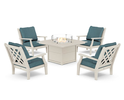 Country Living Wovendale 5-Piece Deep Seating Set with Fire Pit Table in Sand / Ocean Teal