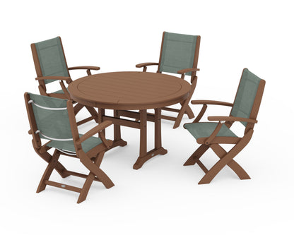 POLYWOOD® Coastal Folding Chair 5-Piece Round Dining Set with Trestle Legs in Teak / Dupioni Sea Mist Sling