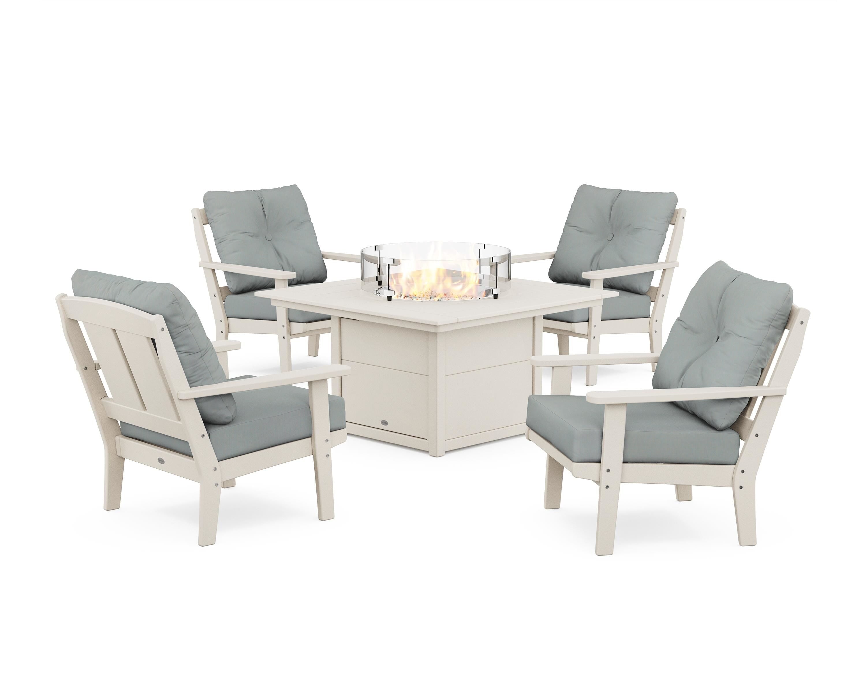 POLYWOOD® Mission 5-Piece Deep Seating Set with Fire Pit Table in Sand / Spa