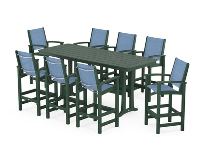 POLYWOOD® Coastal 9-Piece Bar Set with Trestle Legs in Green / Poolside Sling