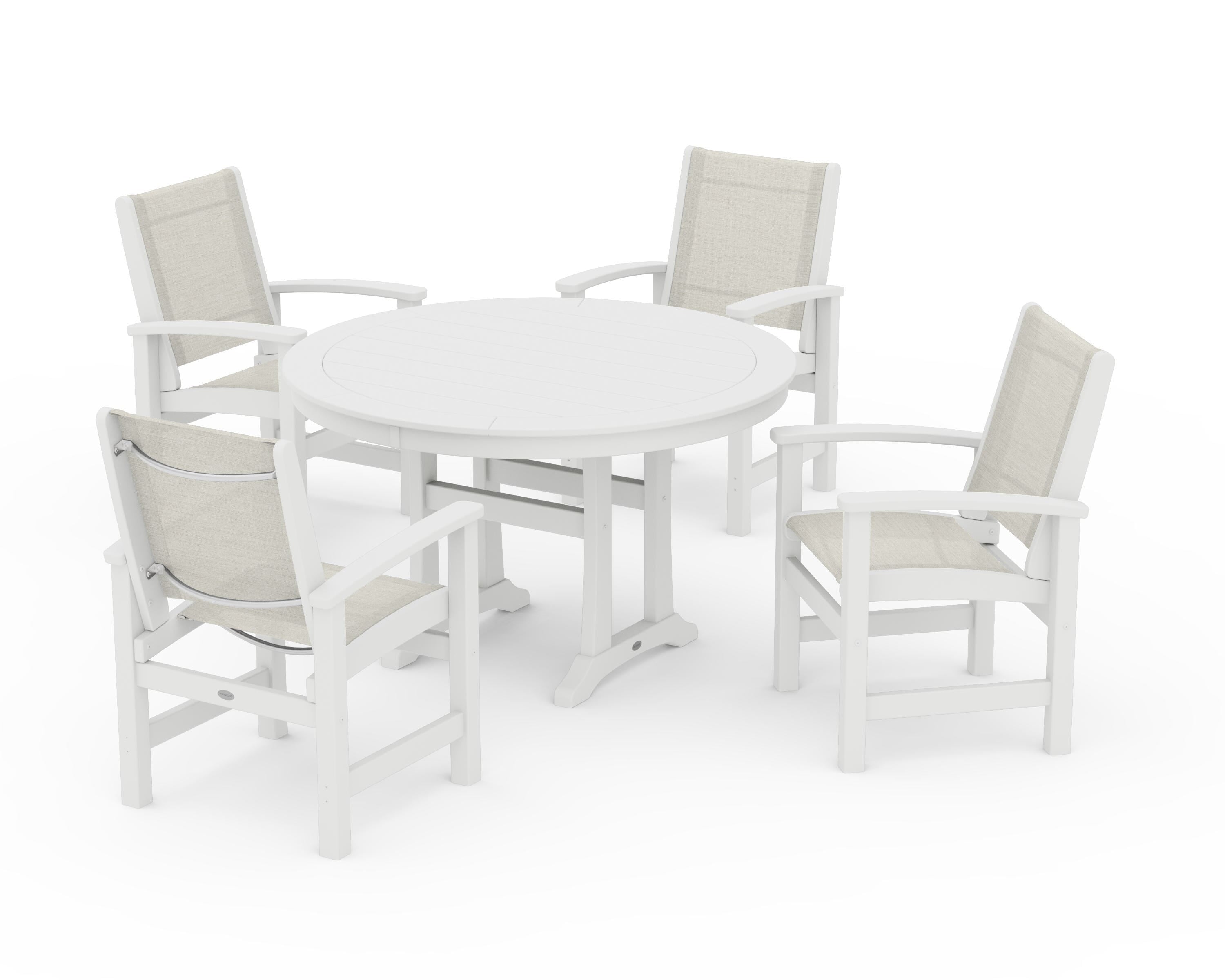 POLYWOOD® Coastal 5-Piece Round Dining Set with Trestle Legs in White / Parchment Sling