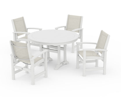 POLYWOOD® Coastal 5-Piece Round Dining Set with Trestle Legs in White / Parchment Sling