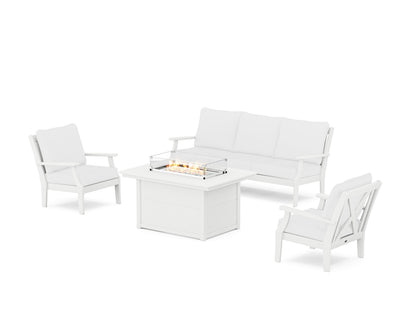 POLYWOOD® Braxton Deep Seating Fire Pit Table Set in White / Natural