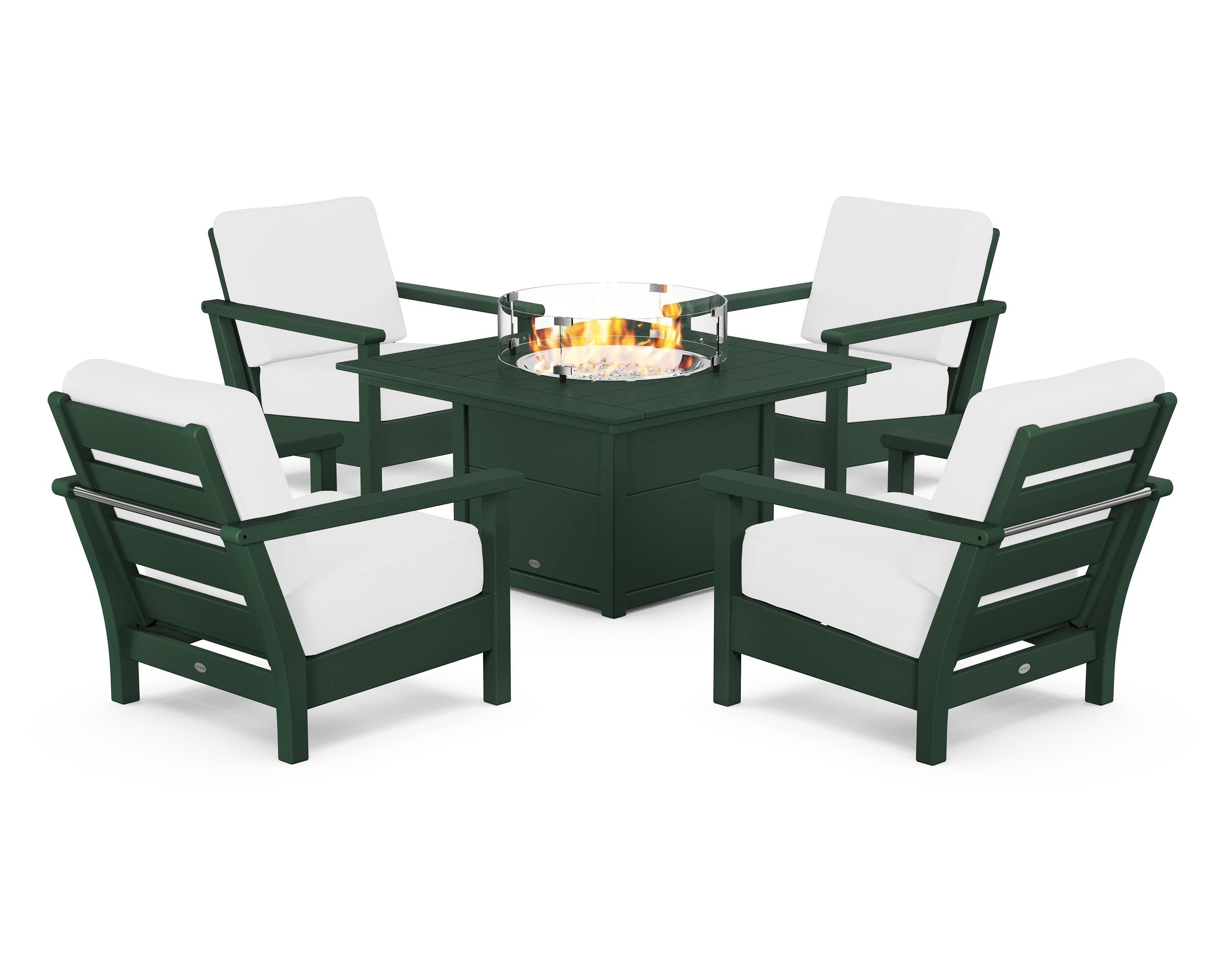 POLYWOOD® Harbour 5-Piece Conversation Set with Fire Pit Table in Green / Natural
