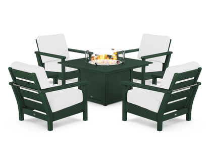 POLYWOOD® Harbour 5-Piece Conversation Set with Fire Pit Table in Green / Natural